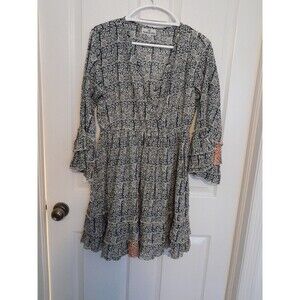 Floating Lotus Blue Paisley Mini Dress  Bell Sleeves. Size M/L. B40